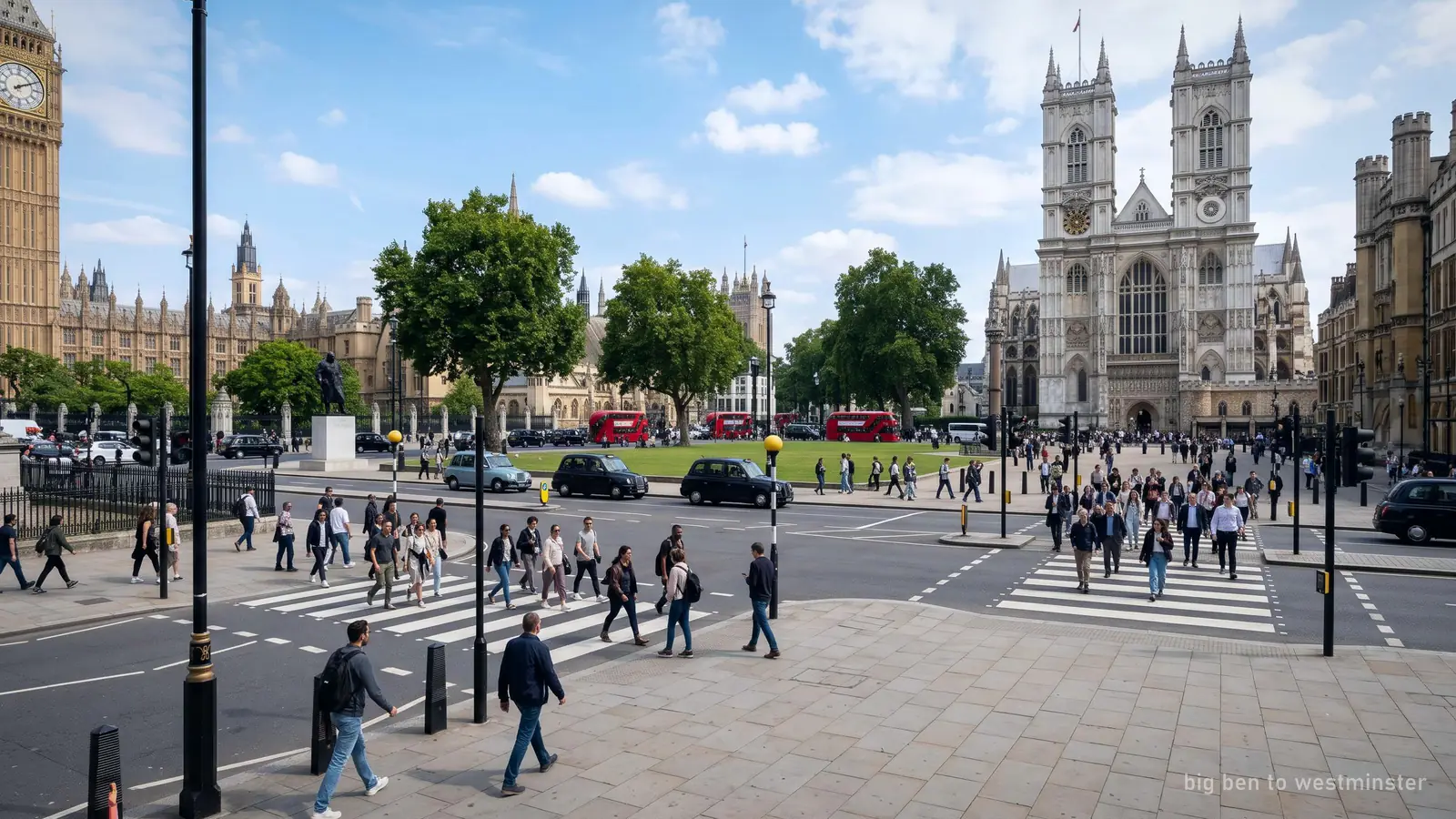 Illustration of the walk across Parliament Square from Big Ben to Westminster Abbey