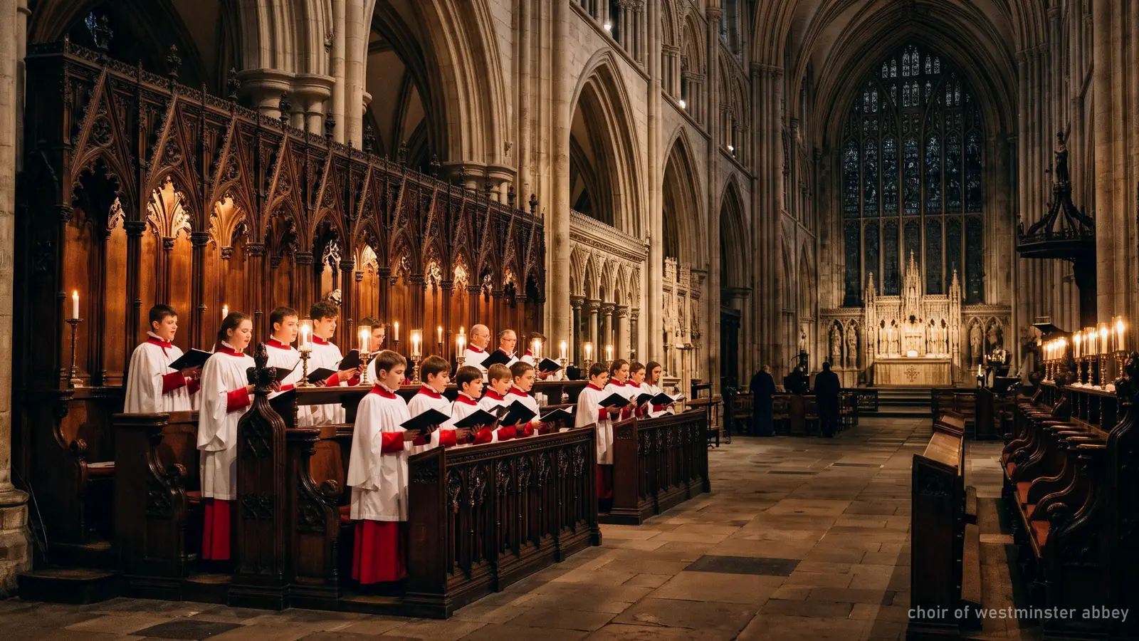 Illustration of choristers in red cassocks singing in Gothic choir stalls