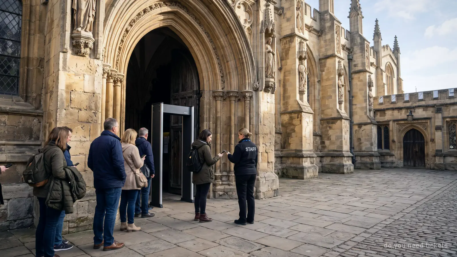 Illustration of visitors with tickets queuing at a Gothic church doorway