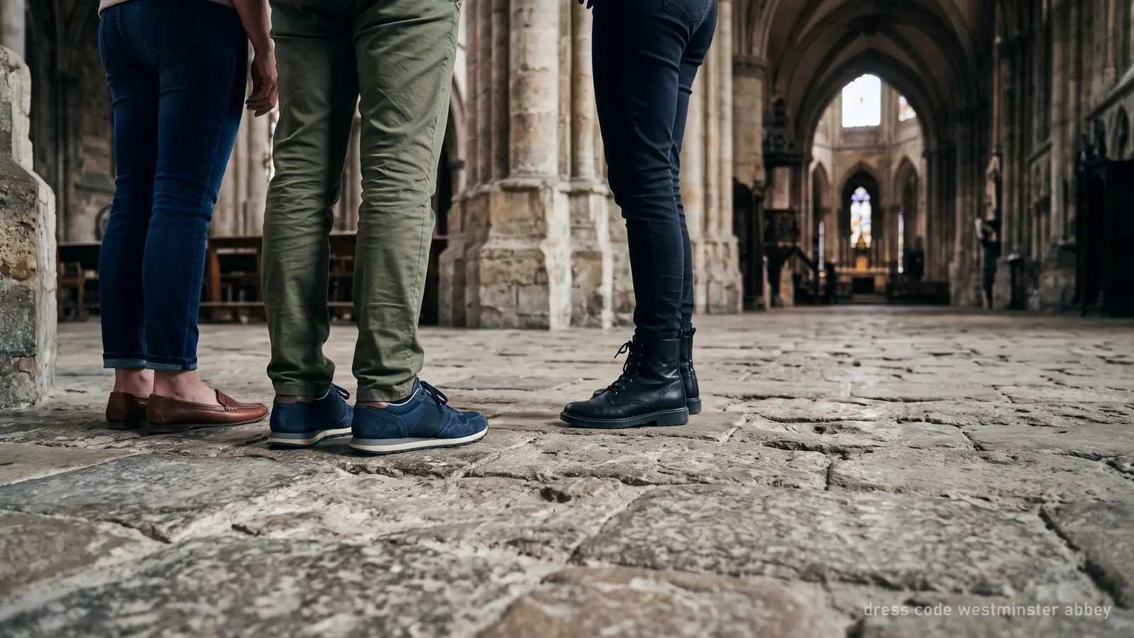 Illustration of visitors in smart casual clothes and flat shoes on an old stone floor