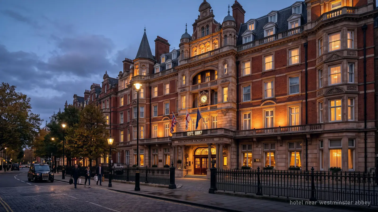 Illustration of a Victorian hotel facade on a Westminster street at dusk