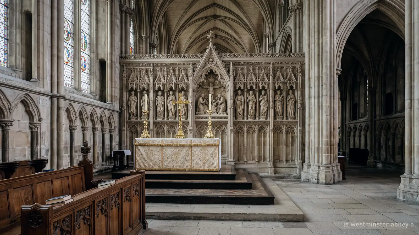Illustration of the high altar and carved screen of a Gothic church