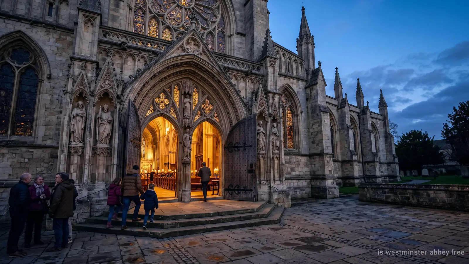 Illustration of a Gothic church's great west door open at dusk for an evening service