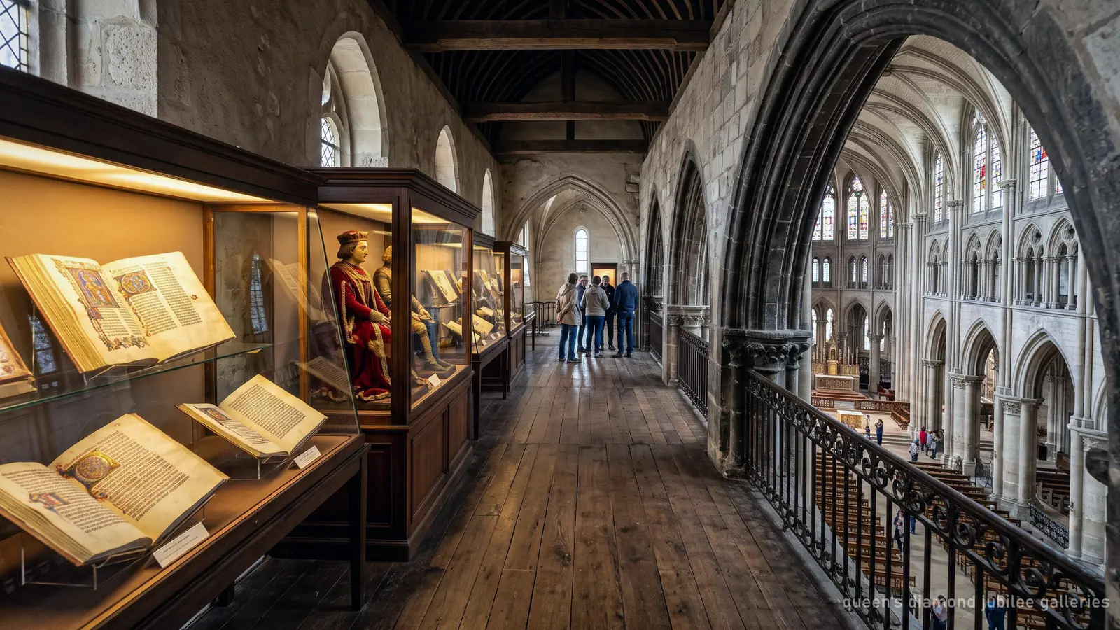 Illustration of a museum gallery in a church triforium looking down to the nave