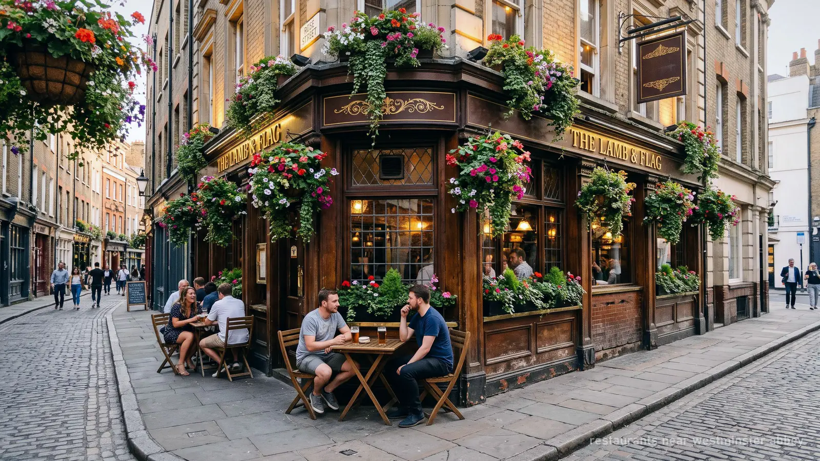 Illustration of a traditional London pub with flower baskets on a Westminster side street
