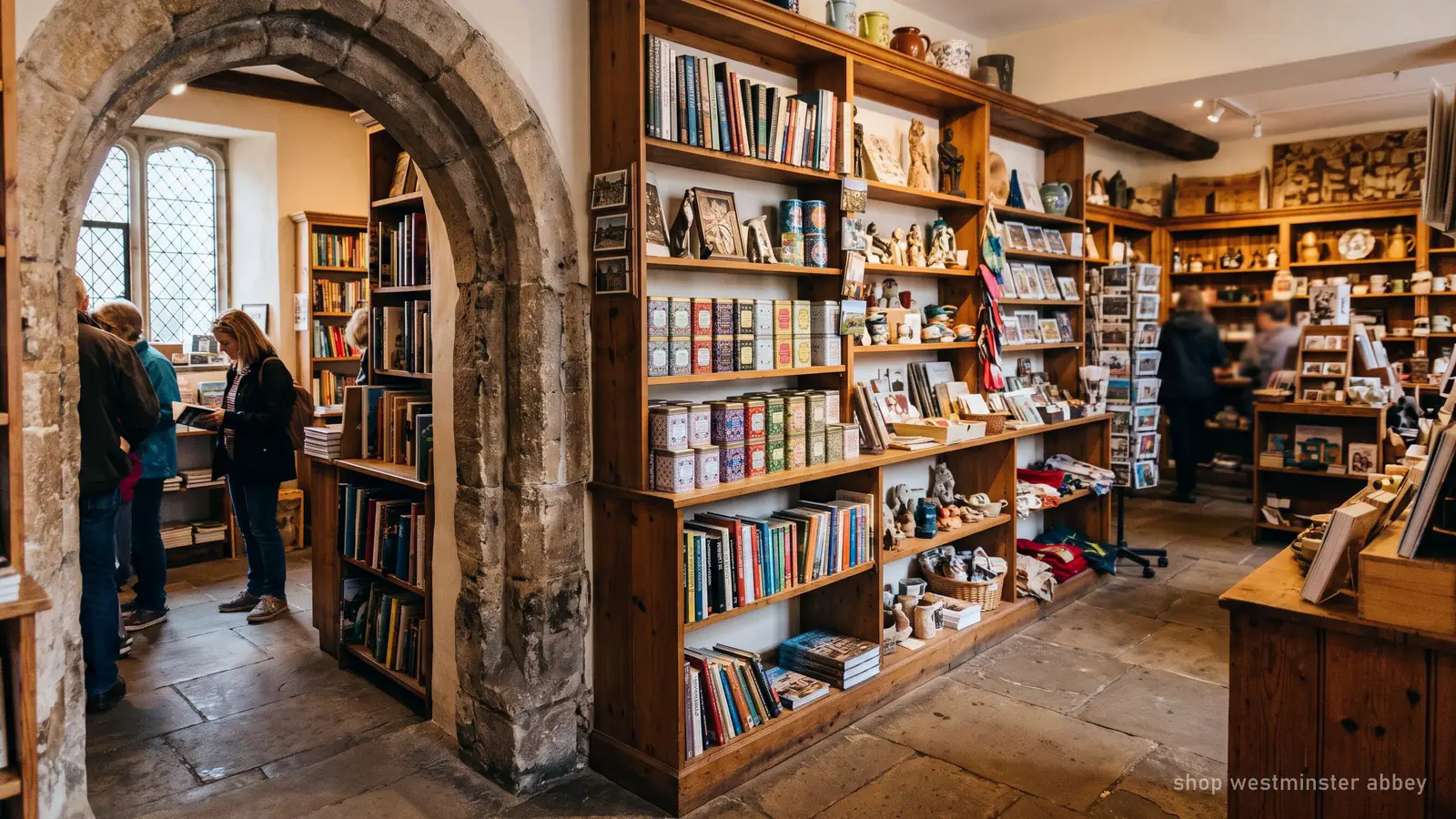 Illustration of a gift shop with books and souvenirs under a stone arch