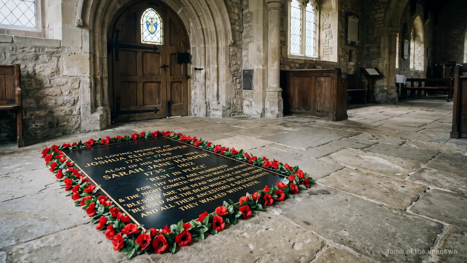 Illustration of a black marble grave slab edged with red poppies in a church floor