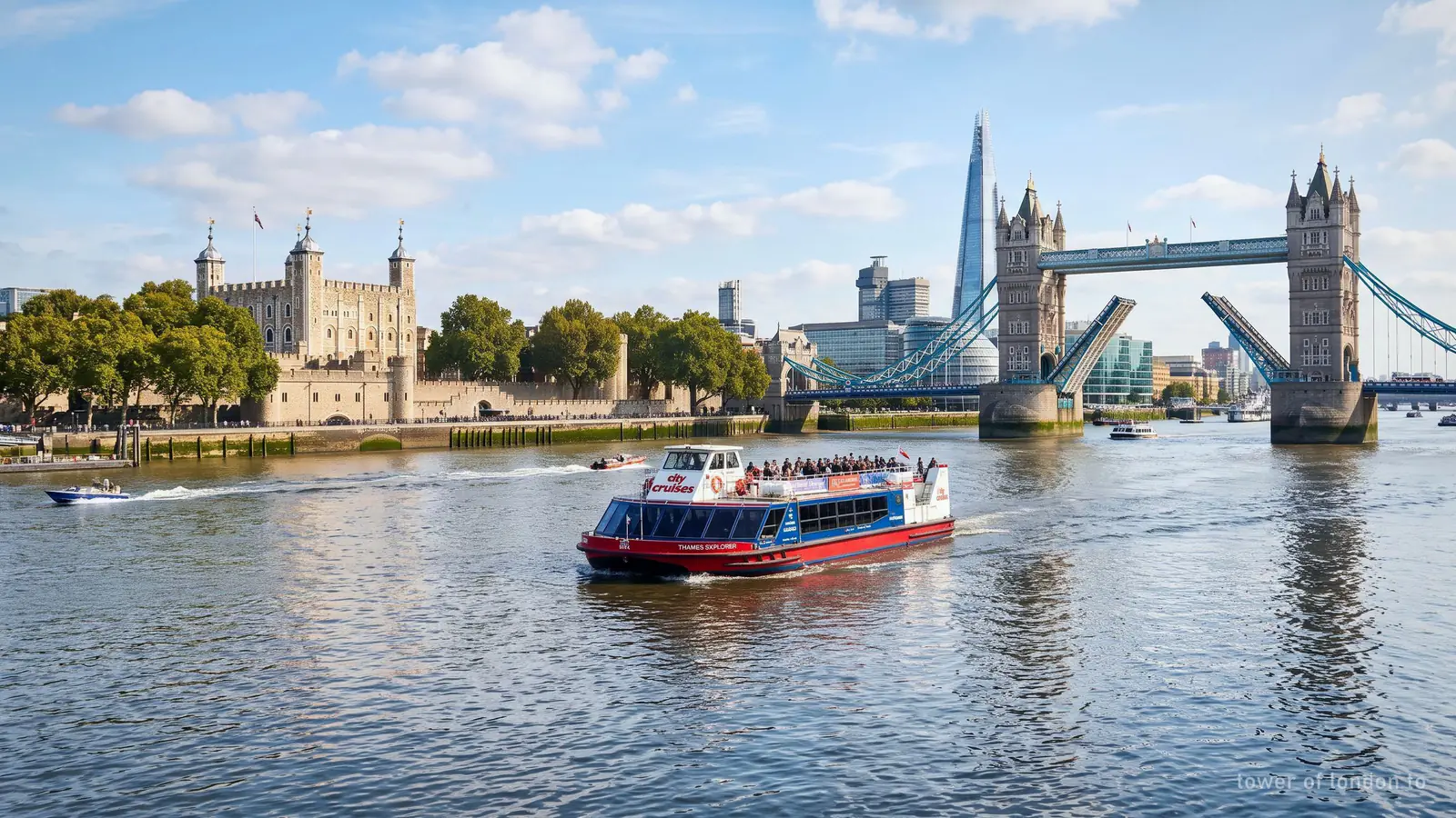Illustration of a Thames river boat passing the Tower of London