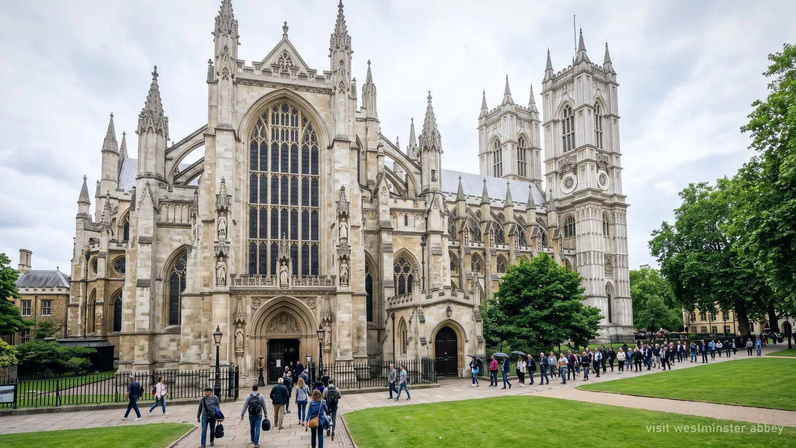 Illustratie van bezoekers die over het noordelijke grasveld bij Westminster Abbey aankomen