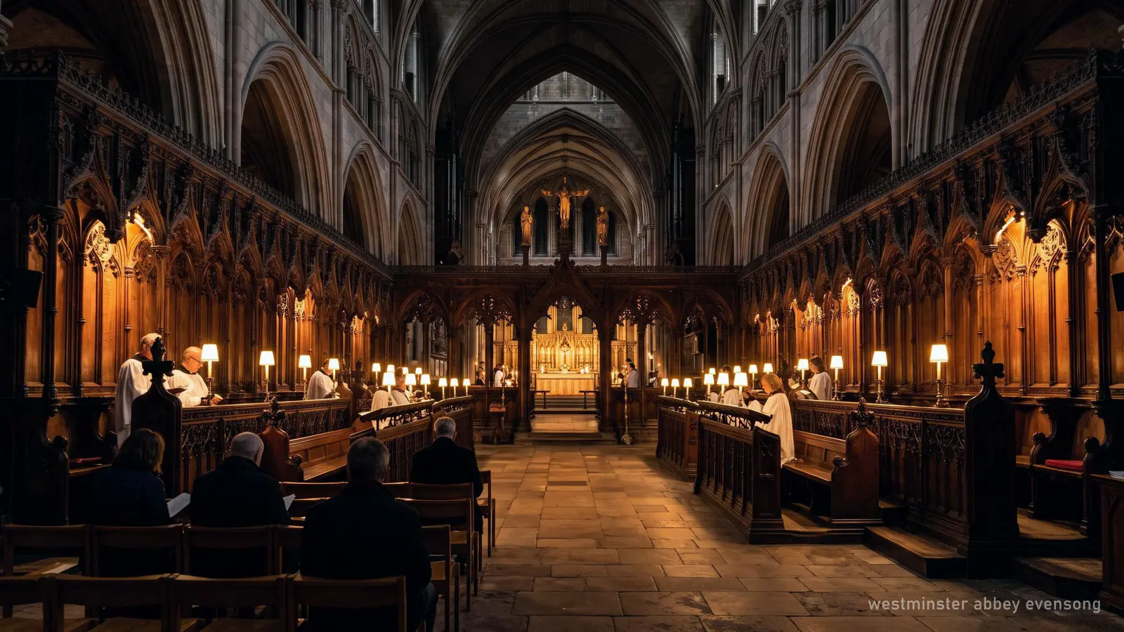 Illustration of a candle-lit Gothic quire during an evening service