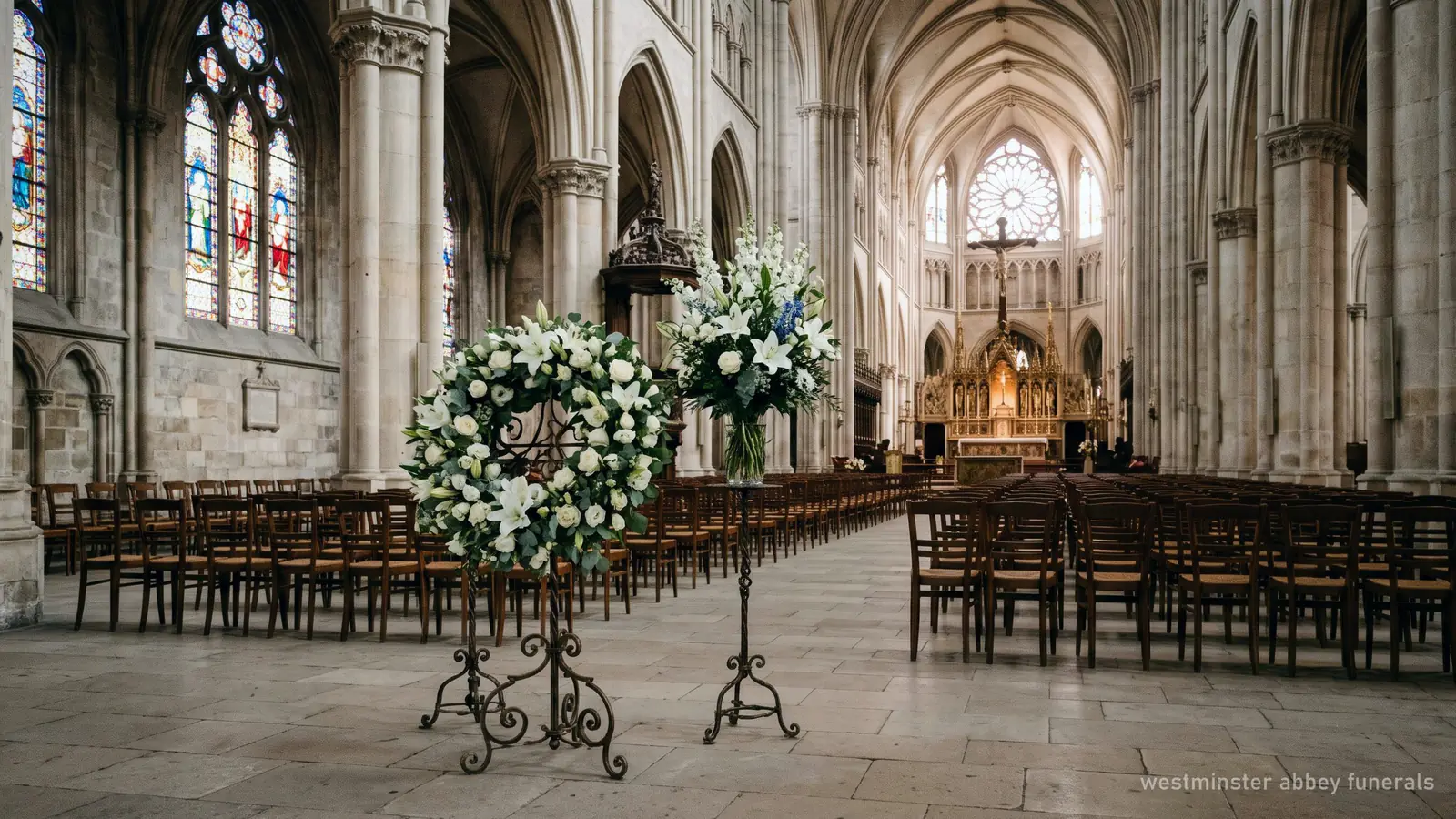 Illustration of a wreath of white lilies in the nave of a Gothic church