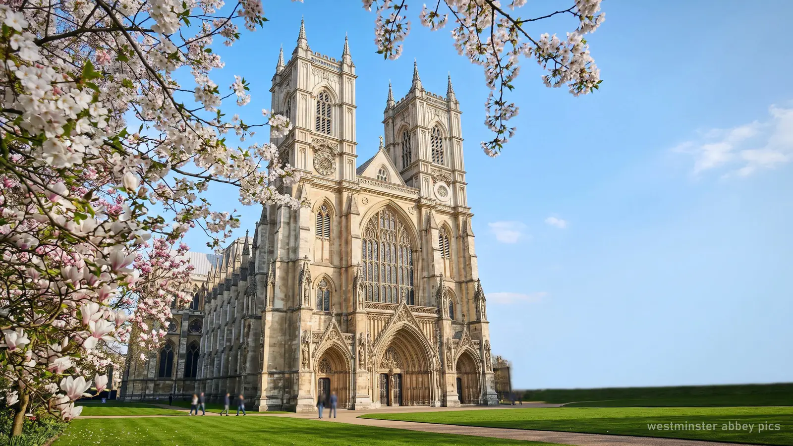 Illustration of Westminster Abbey's west towers framed by spring blossom