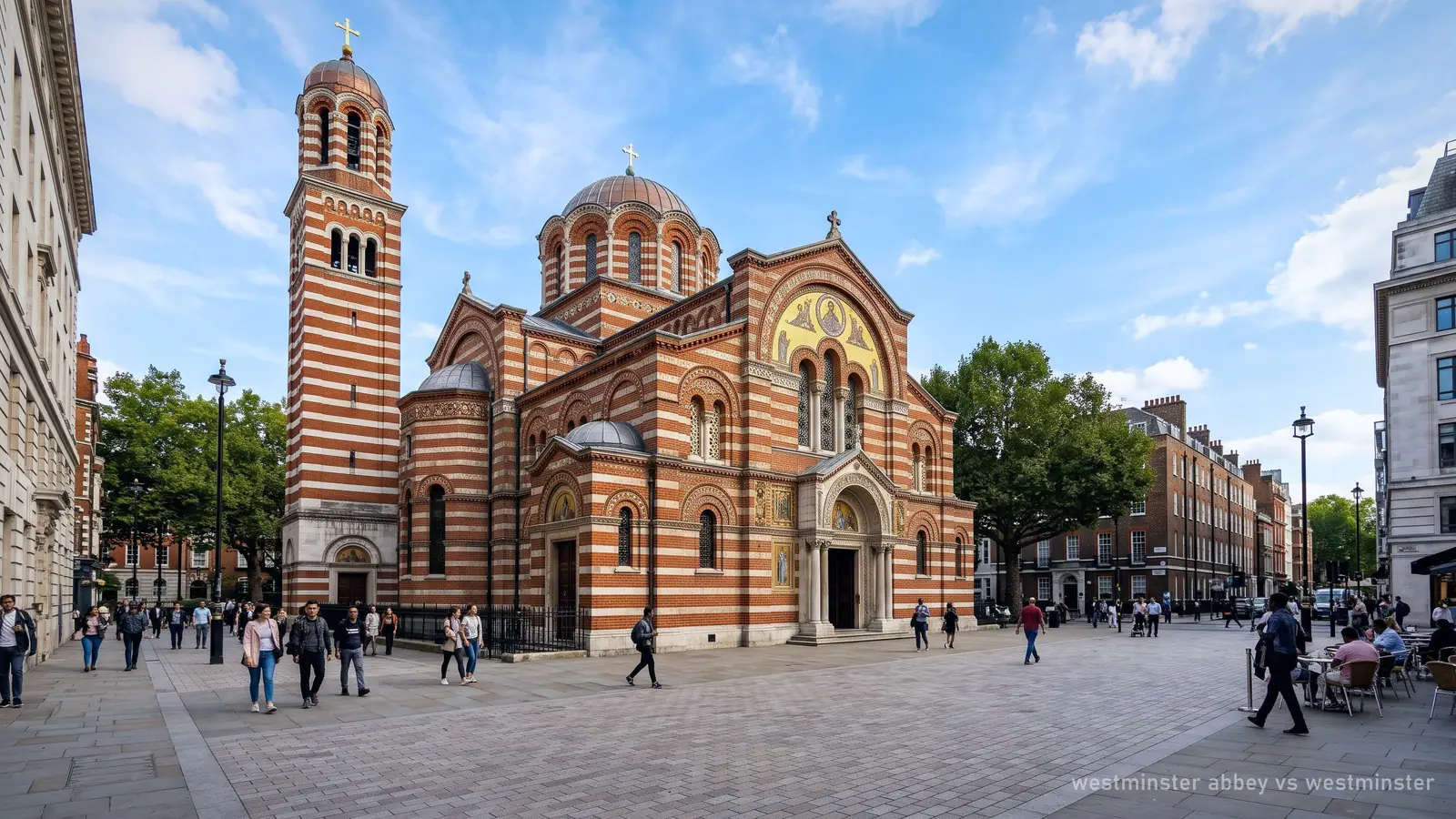 Illustration of the red-and-white striped brick front of Westminster Cathedral