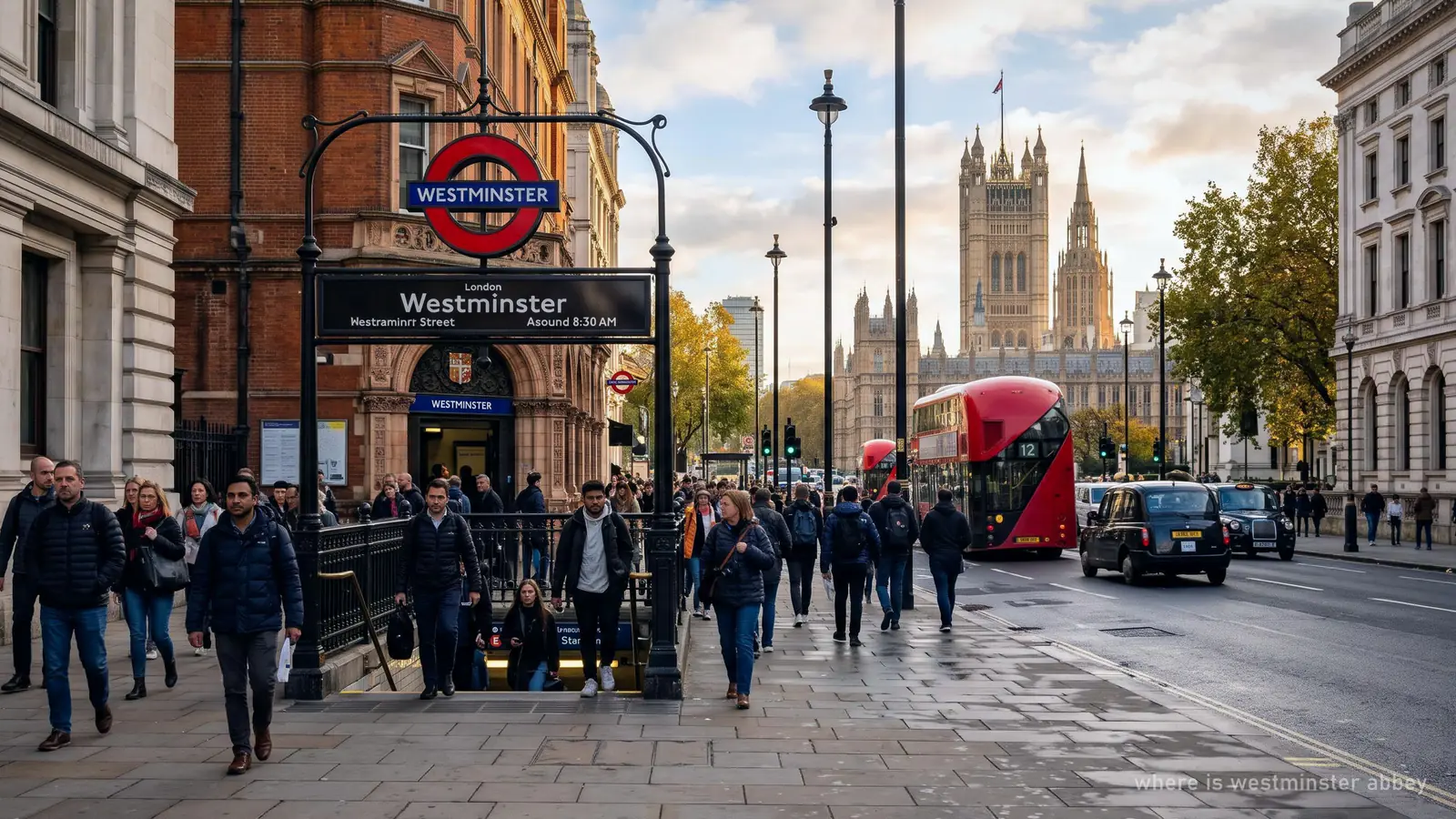Illustration of a London Underground entrance near Westminster